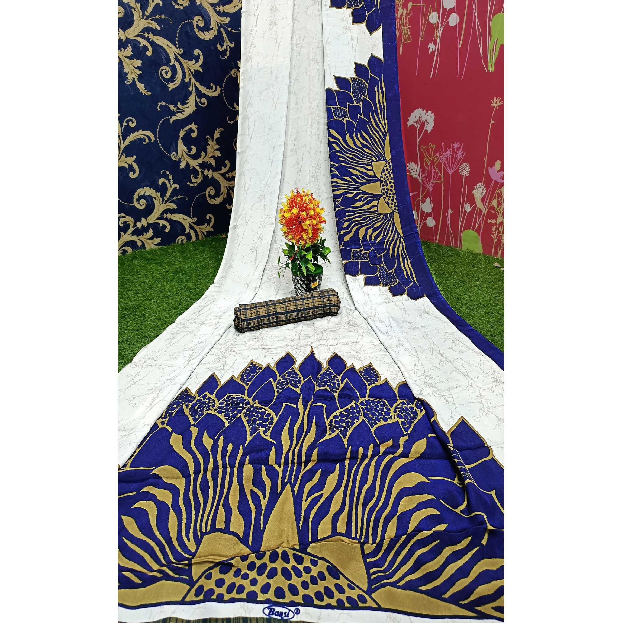 Beautiful Offwhite - Blue Colored Casual Wear Printed Satin Saree - Peachmode