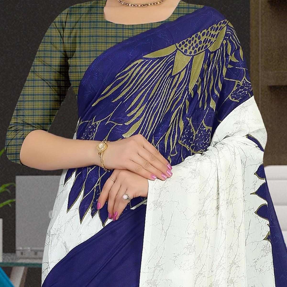 Beautiful Offwhite - Blue Colored Casual Wear Printed Satin Saree - Peachmode