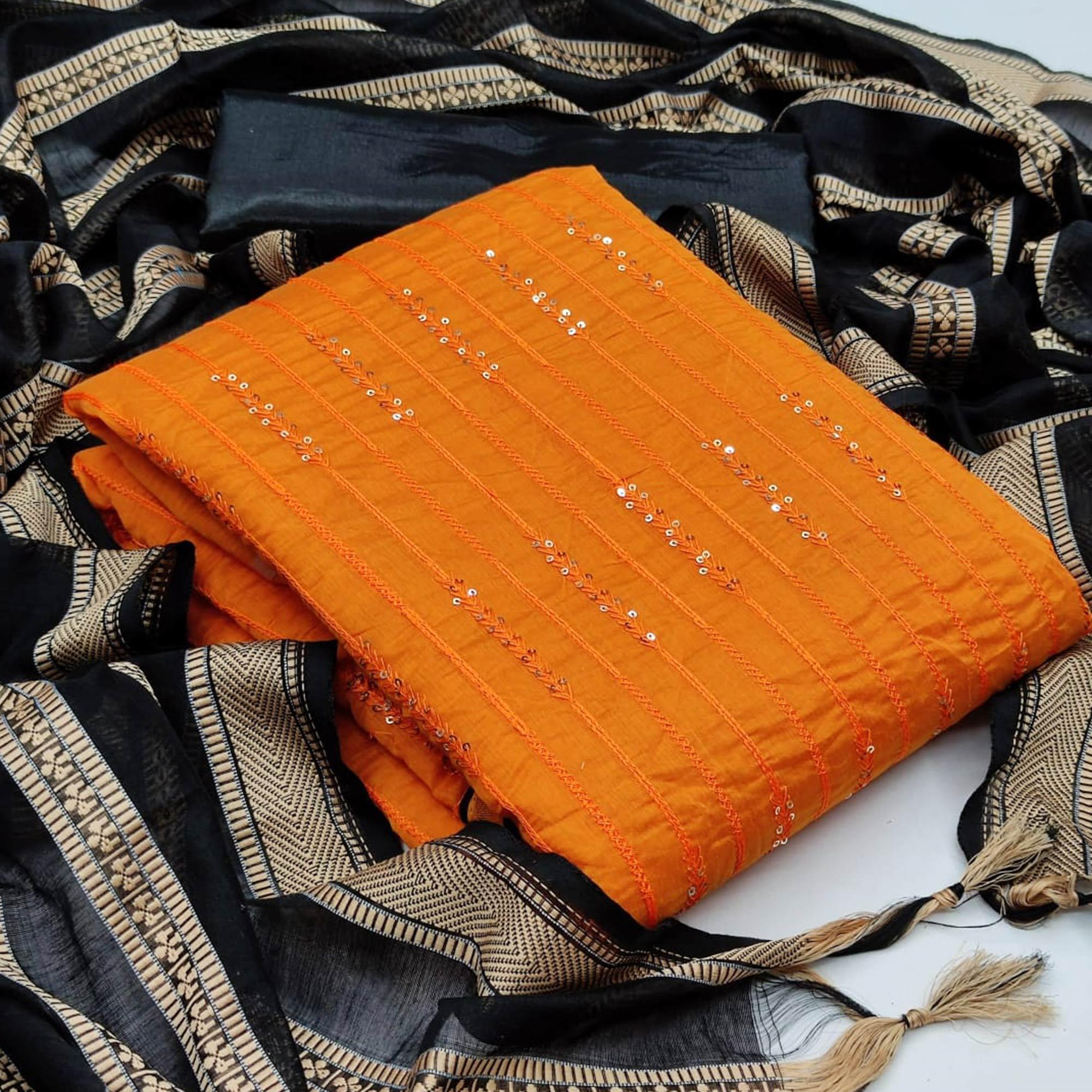 Beautiful Orange Colored Casual Wear Embroidered Chanderi Dress Material - Peachmode