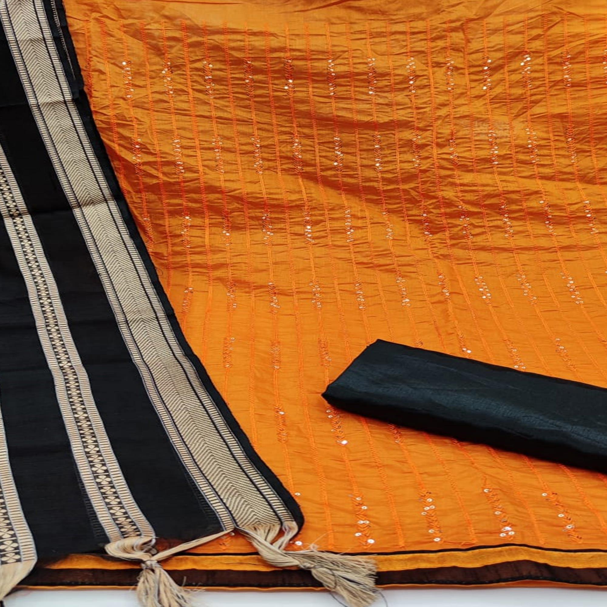 Beautiful Orange Colored Casual Wear Embroidered Chanderi Dress Material - Peachmode