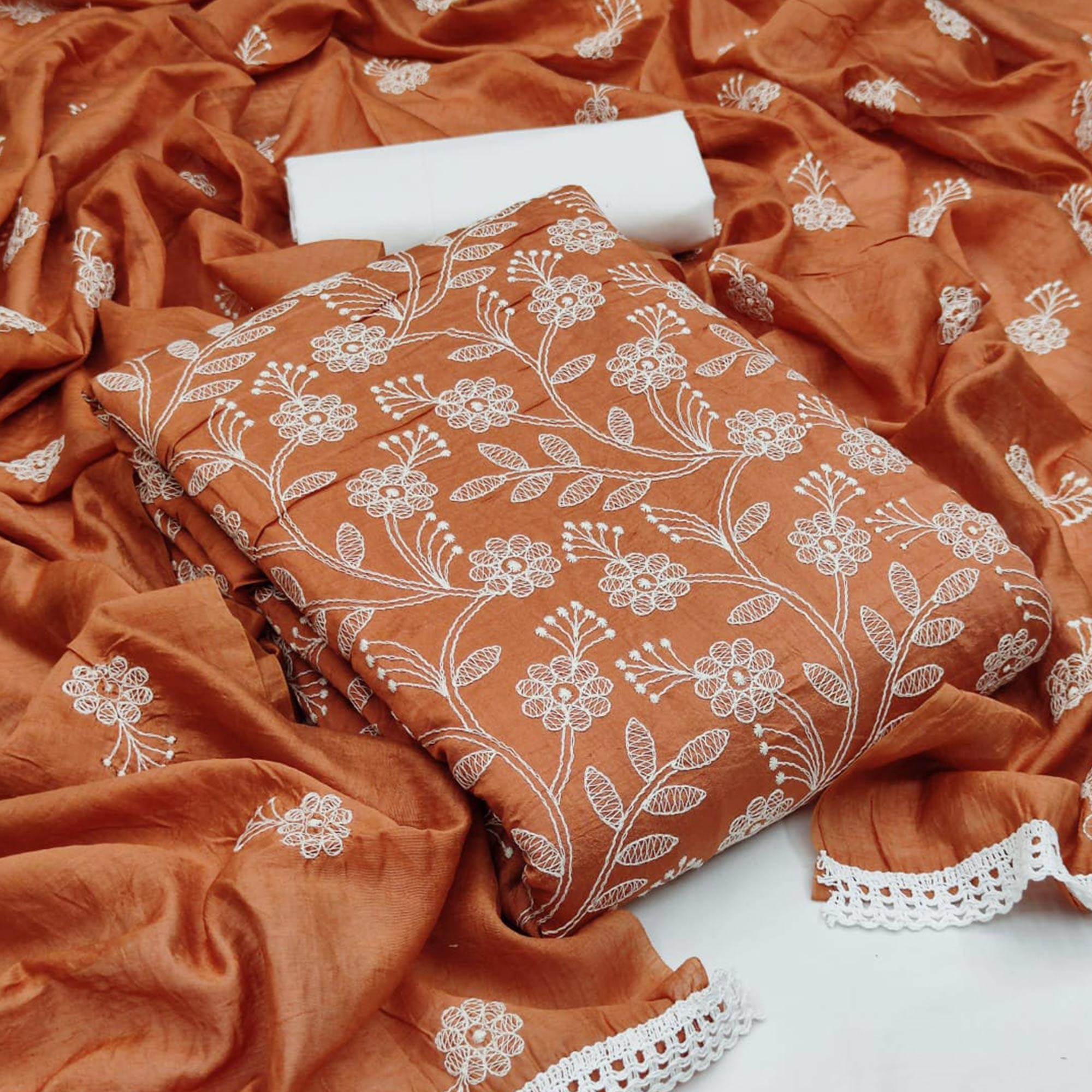 Beautiful Orange Colored Casual Wear Embroidered Chanderi Dywel Dress Material - Peachmode
