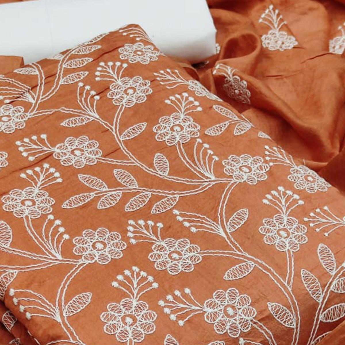 Beautiful Orange Colored Casual Wear Embroidered Chanderi Dywel Dress Material - Peachmode
