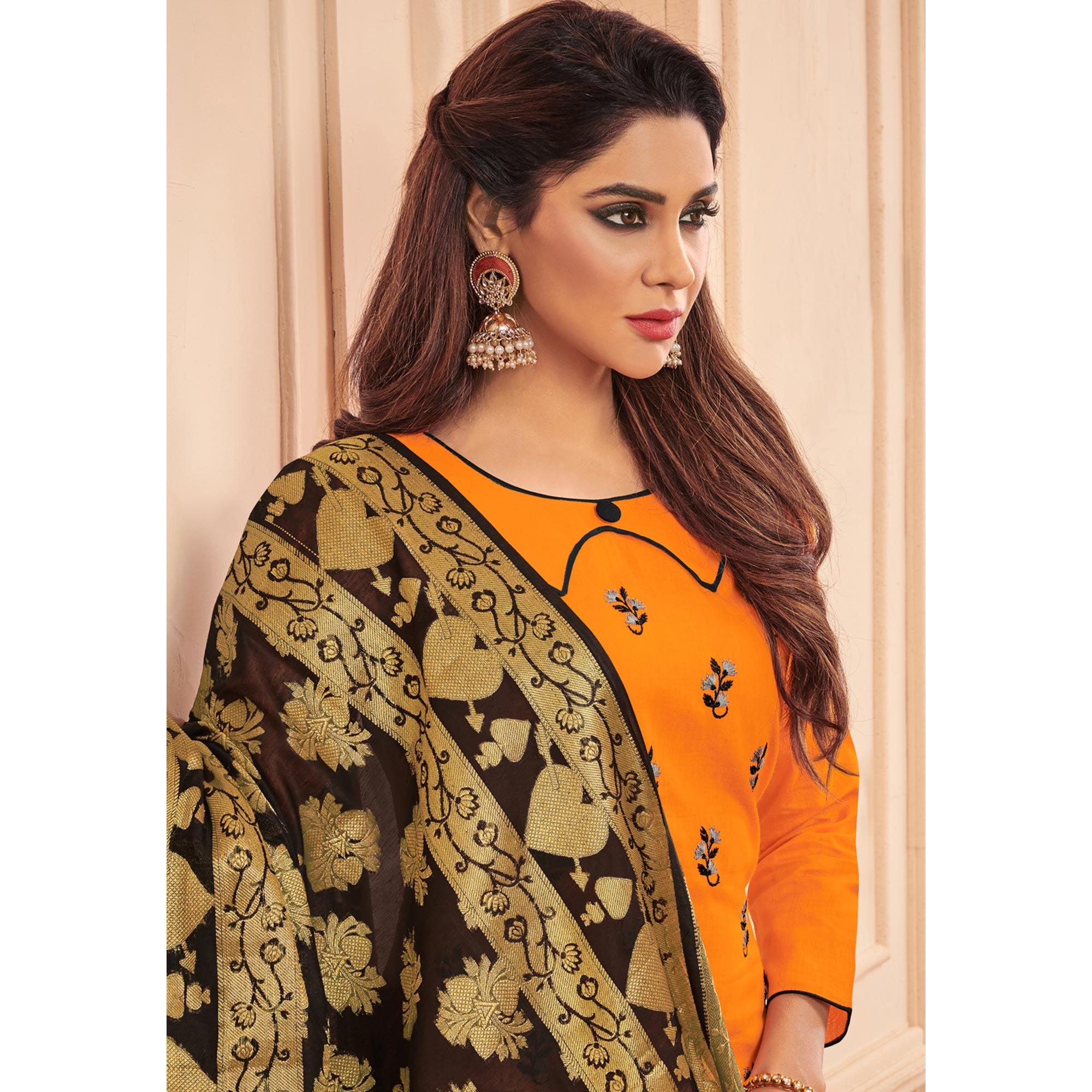 Beautiful Orange Colored Casual Wear Embroidered Cotton Dress Material With Banarasi Silk Dupatta - Peachmode