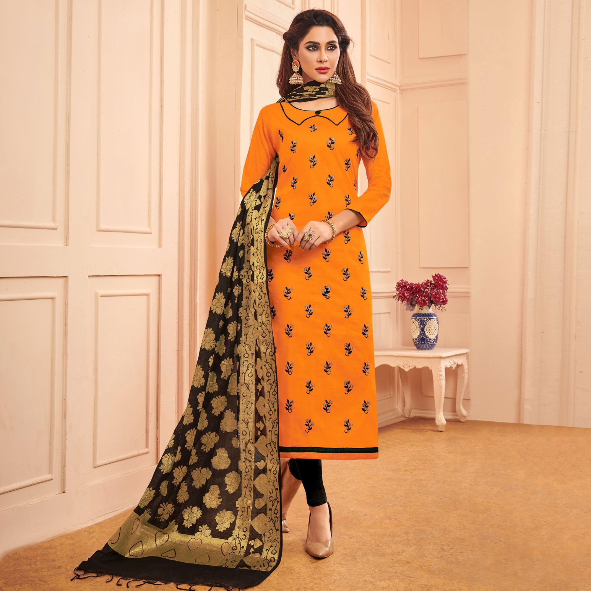 Beautiful Orange Colored Casual Wear Embroidered Cotton Dress Material With Banarasi Silk Dupatta - Peachmode