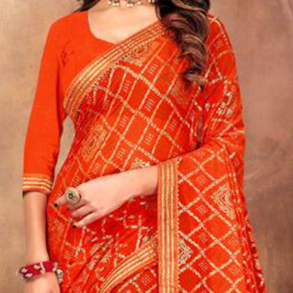 Beautiful Orange Colored Festive Wear Bandhani Print With Gotta Border Heavy Georgette Saree - Peachmode