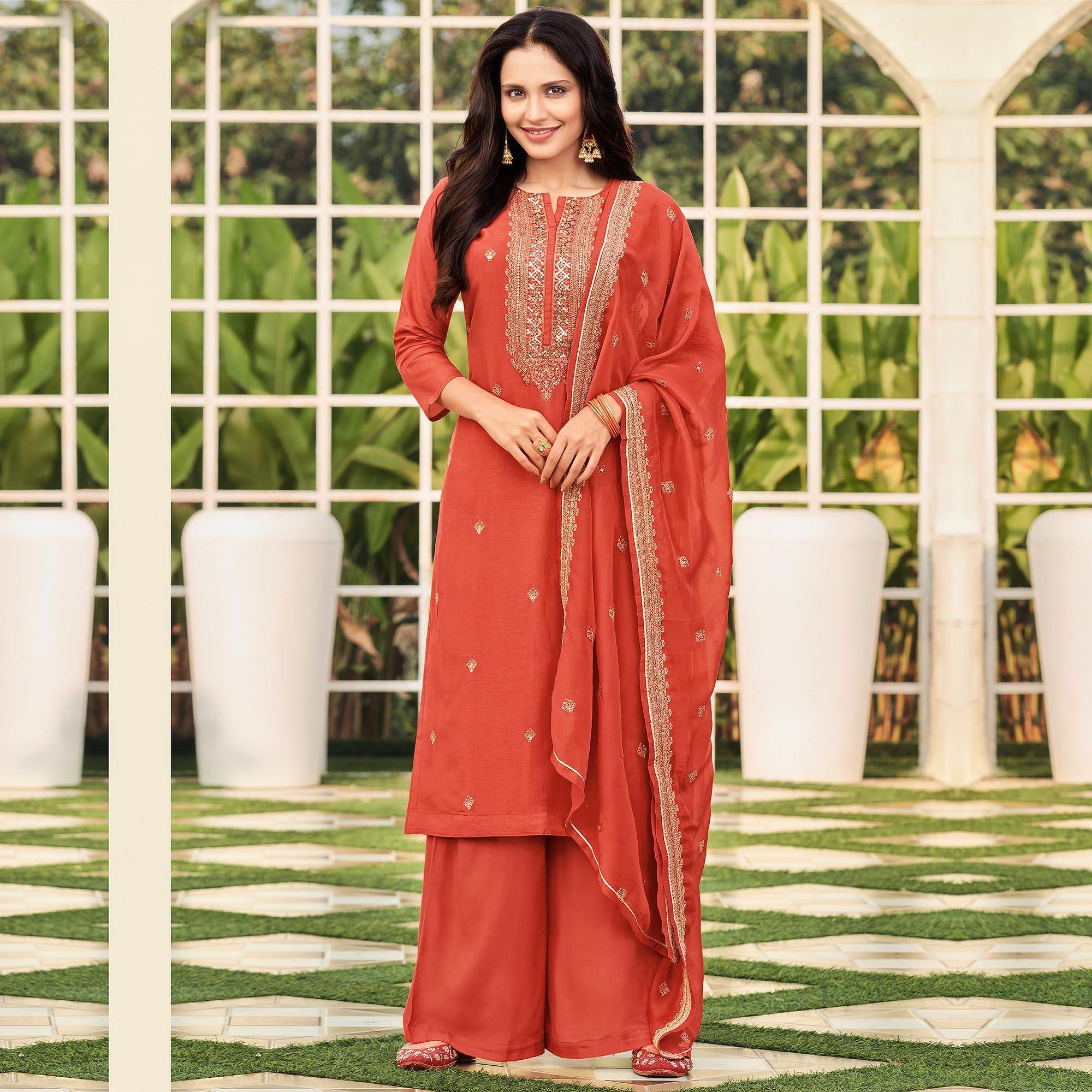 Beautiful Orange Colored Festive Wear Embroidered Art Silk Dress Material - Peachmode