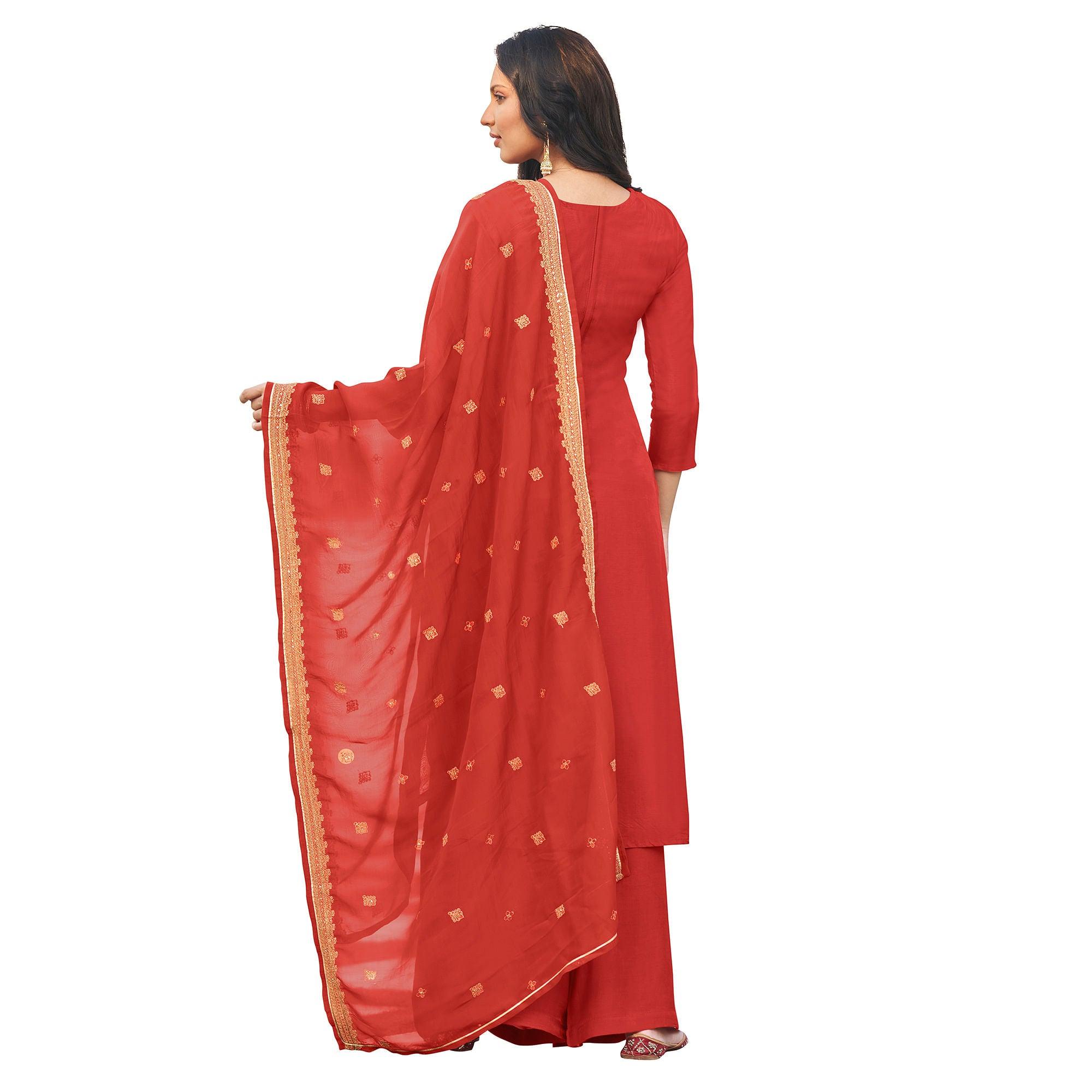 Beautiful Orange Colored Festive Wear Embroidered Art Silk Dress Material - Peachmode