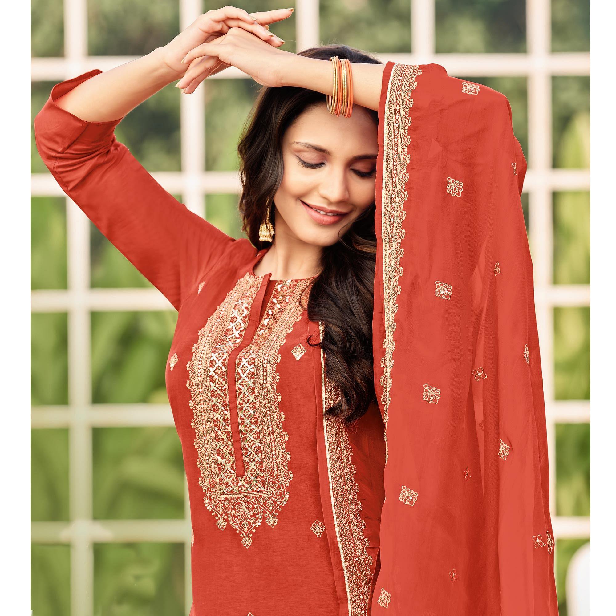 Beautiful Orange Colored Festive Wear Embroidered Art Silk Dress Material - Peachmode