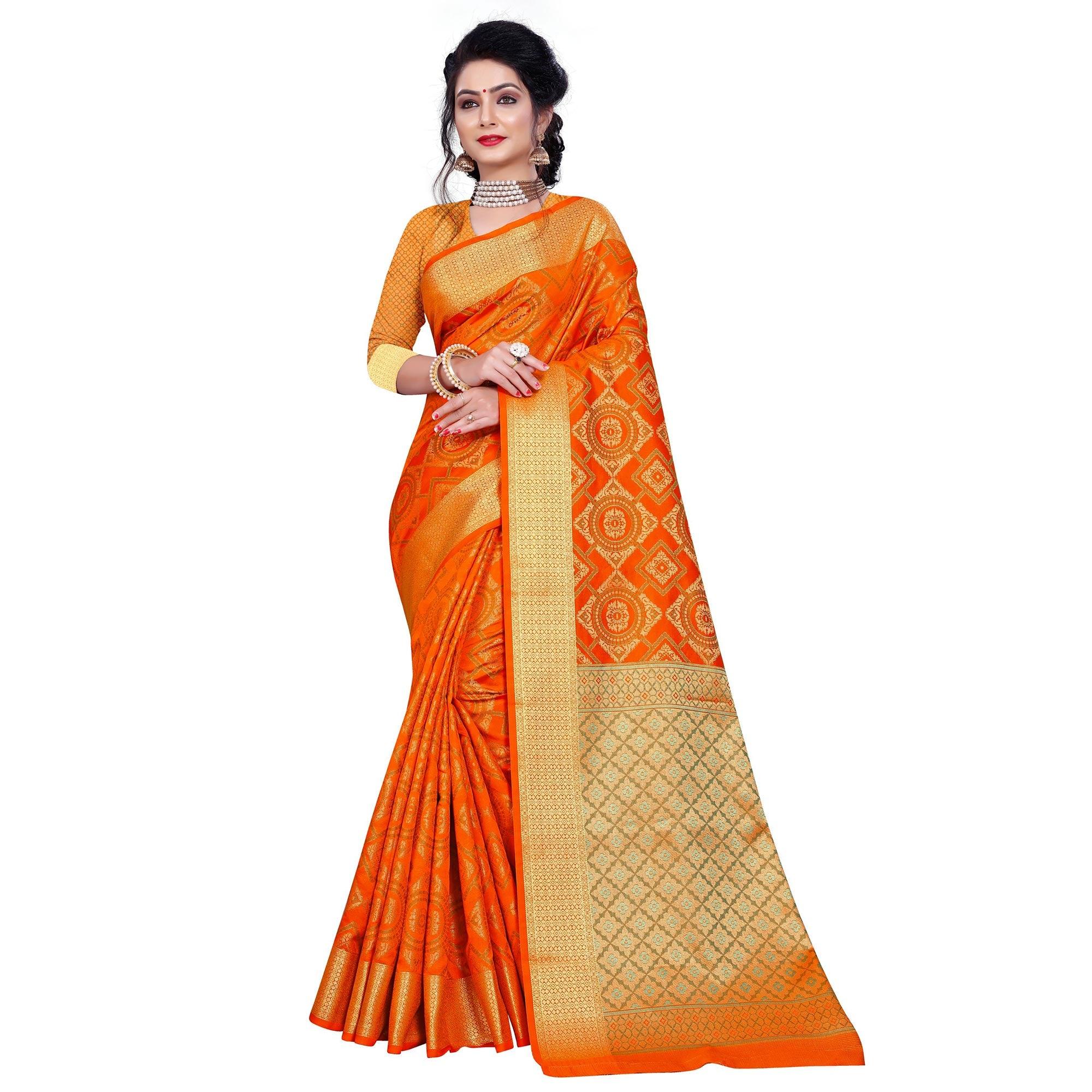 Beautiful Orange Colored Festive Wear Woven Banarasi Silk Saree - Peachmode