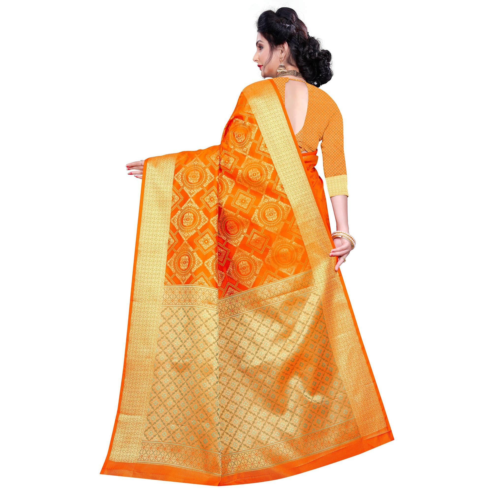 Beautiful Orange Colored Festive Wear Woven Banarasi Silk Saree - Peachmode