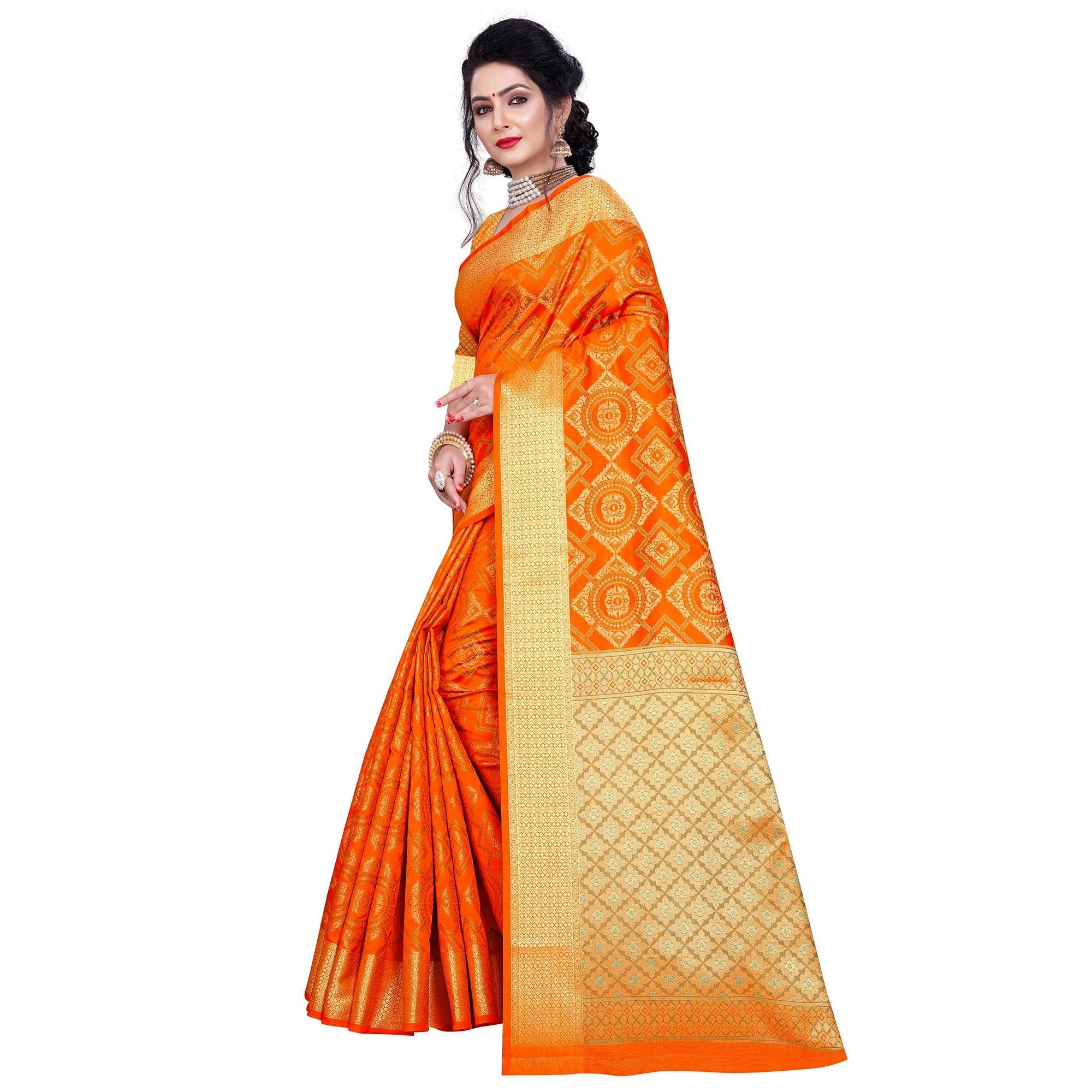 Beautiful Orange Colored Festive Wear Woven Banarasi Silk Saree - Peachmode