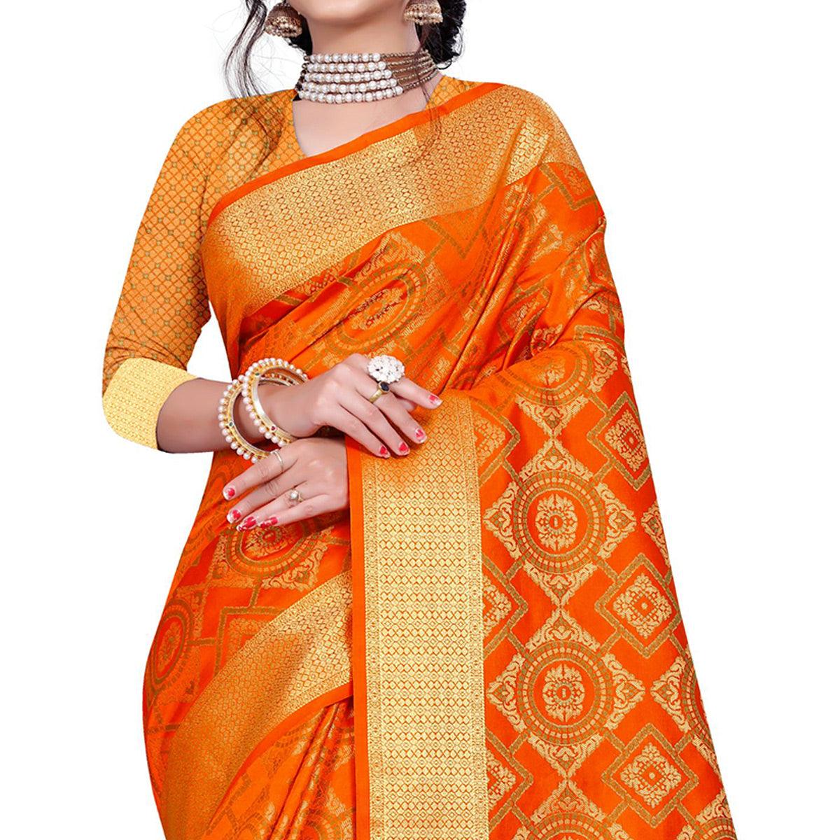 Beautiful Orange Colored Festive Wear Woven Banarasi Silk Saree - Peachmode