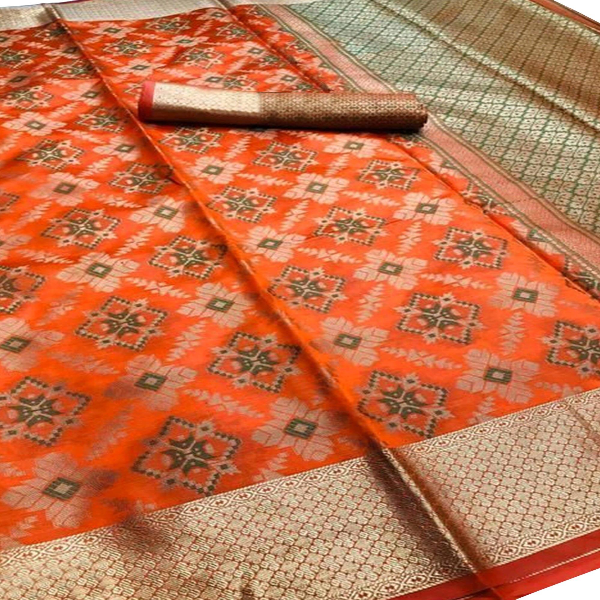 Beautiful Orange Colored Festive Wear Woven Silk Saree - Peachmode