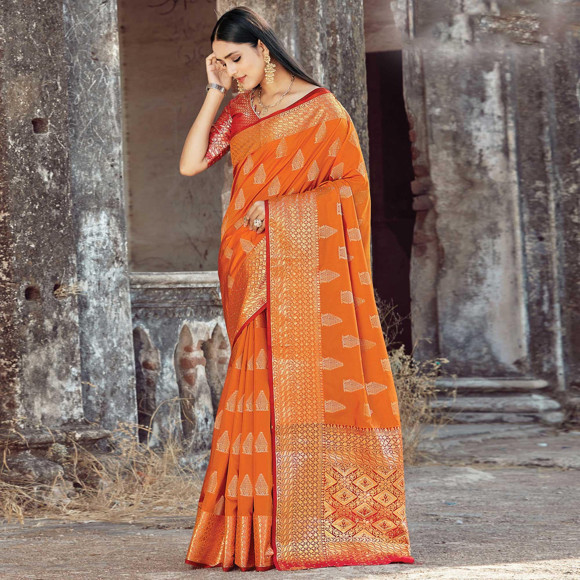 Beautiful Orange Colored Festive Wear Woven Silk Saree - Peachmode