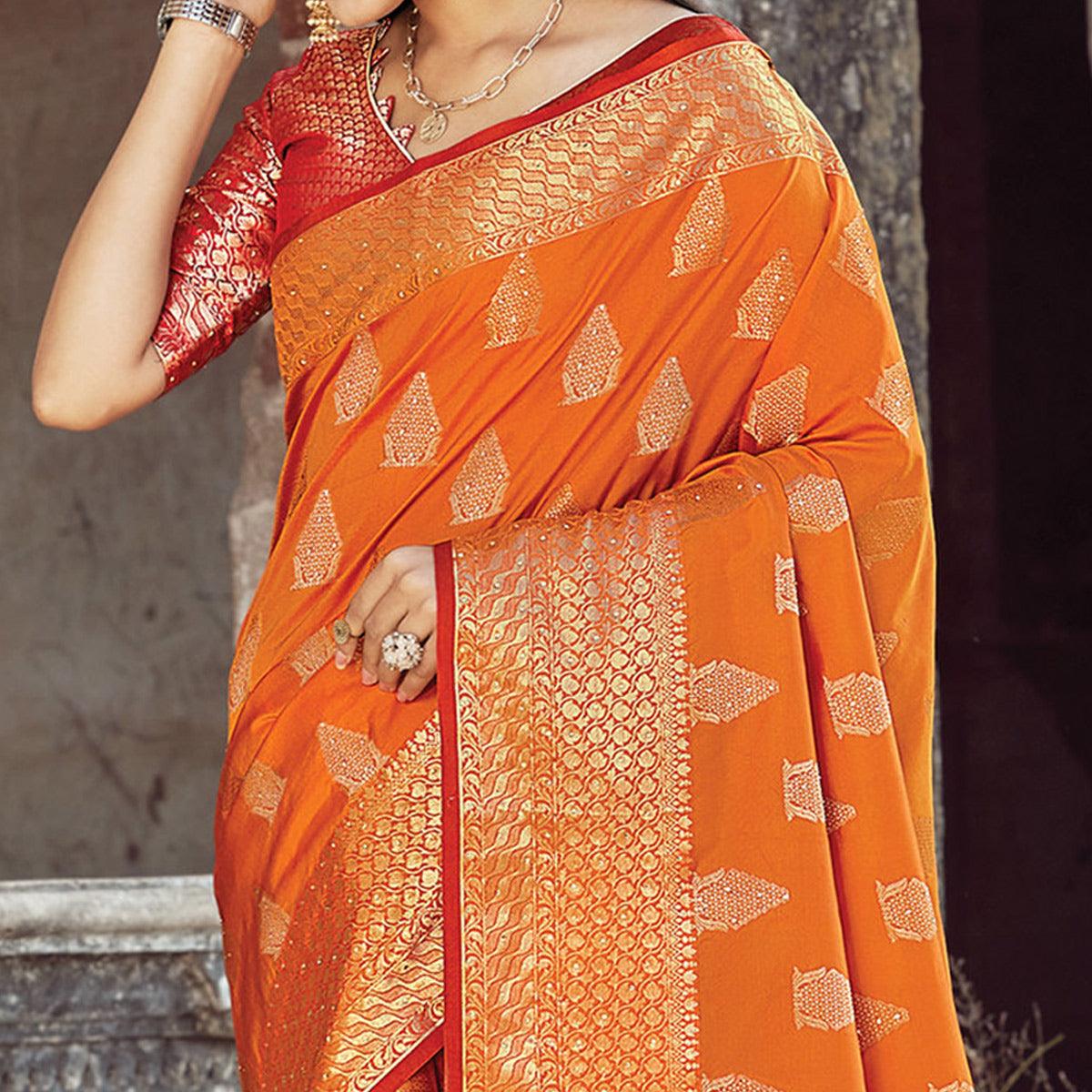 Beautiful Orange Colored Festive Wear Woven Silk Saree - Peachmode