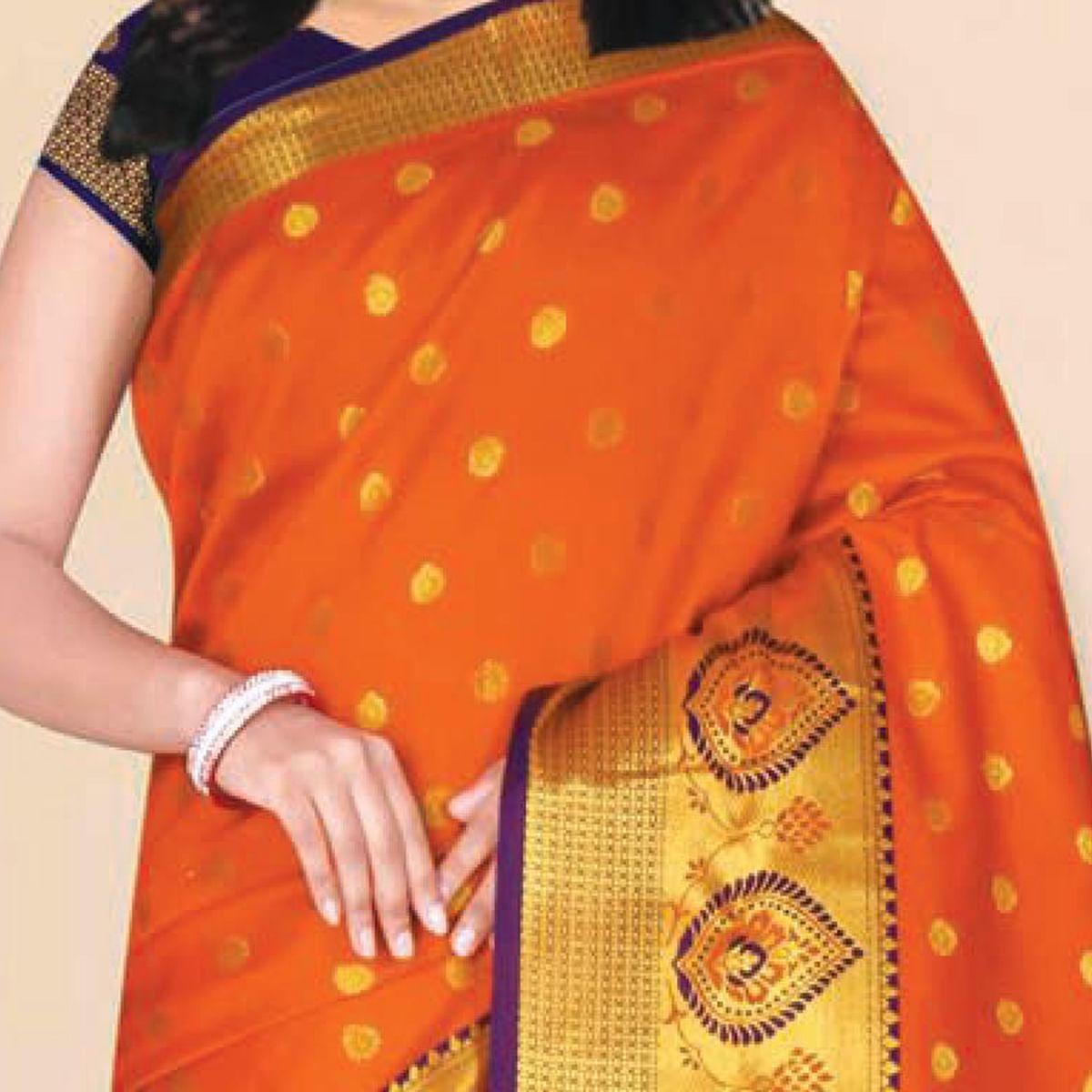 Beautiful Orange Coloured Festive Wear Woven Kota Litchi Art Silk Saree - Peachmode