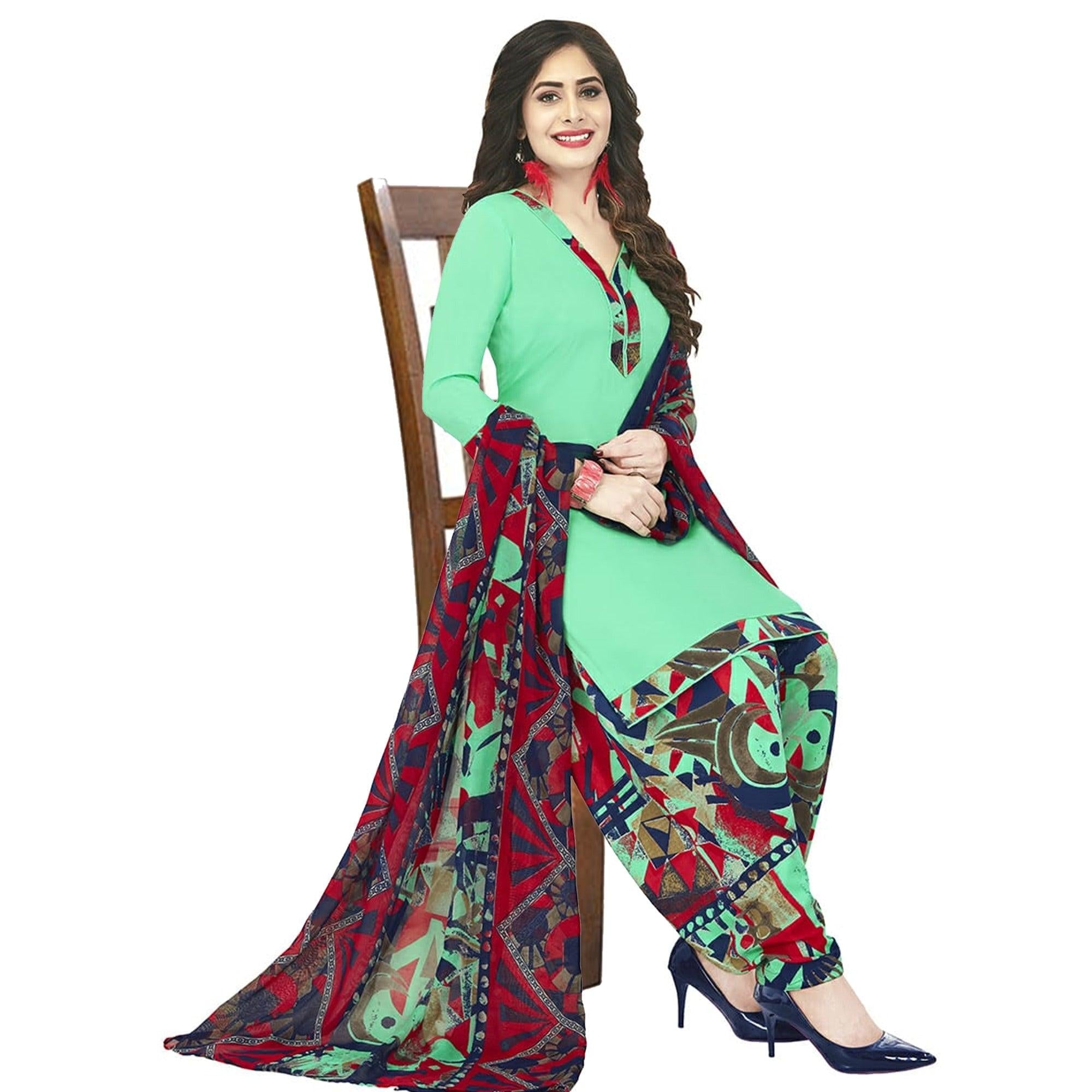 Beautiful Parrot Green Colored Casual Wear Printed Crepe Patiala Dress Material - Peachmode