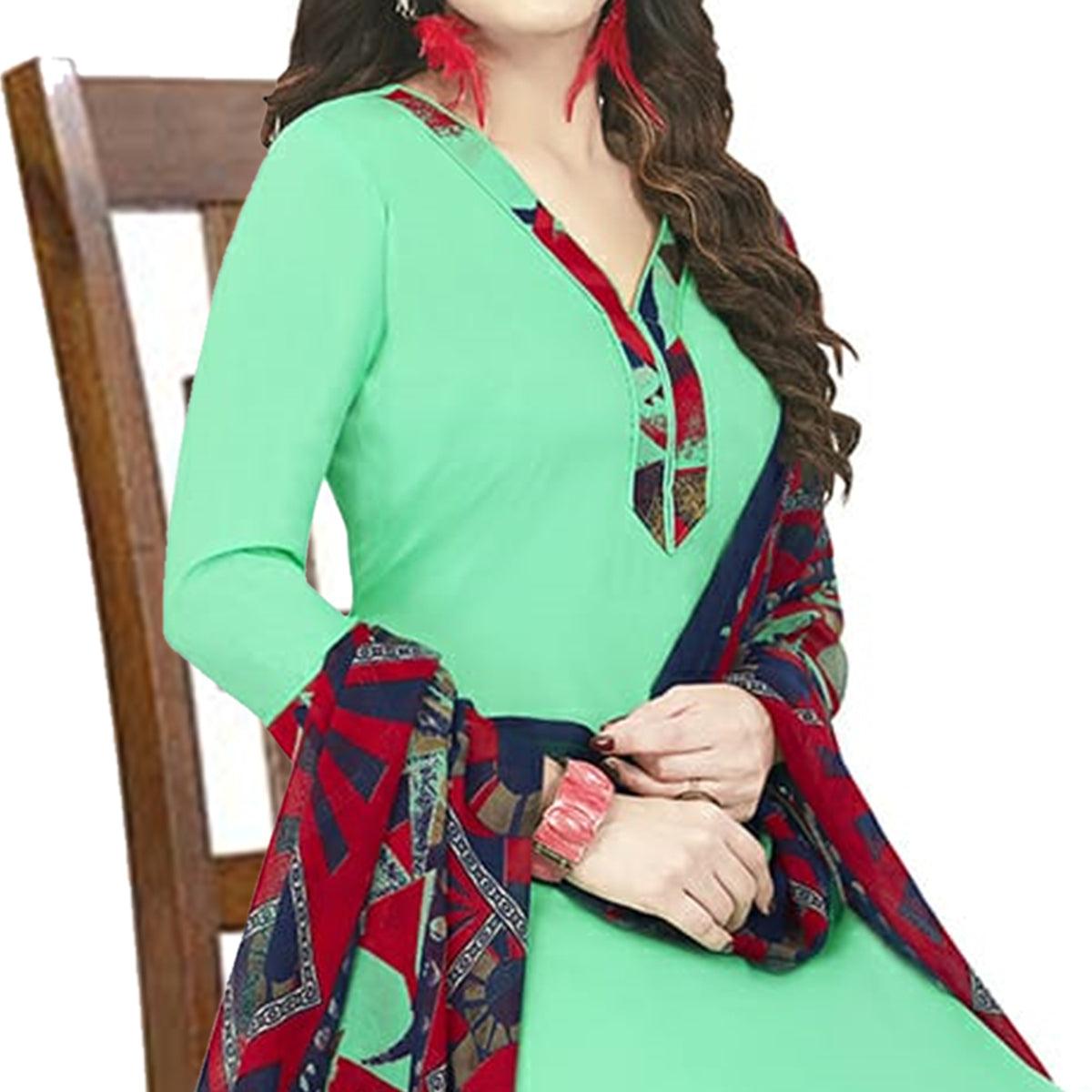 Beautiful Parrot Green Colored Casual Wear Printed Crepe Patiala Dress Material - Peachmode