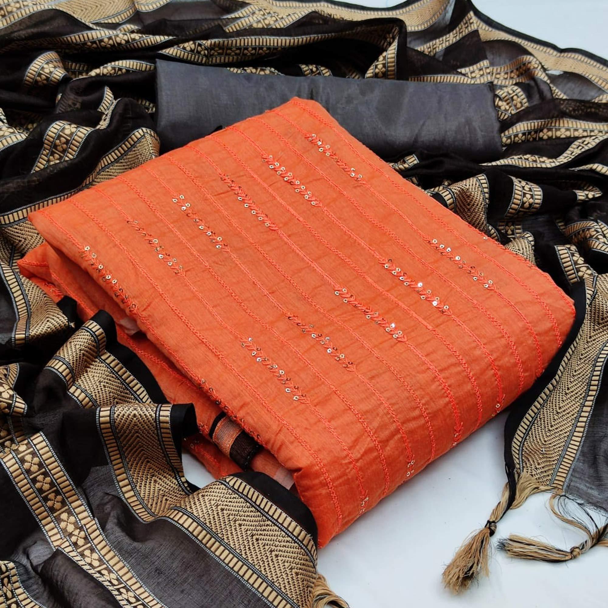 Beautiful Peach Colored Casual Wear Embroidered Chanderi Dress Material - Peachmode