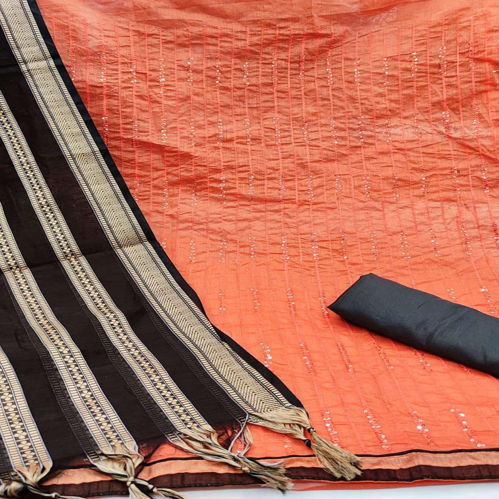 Beautiful Peach Colored Casual Wear Embroidered Chanderi Dress Material - Peachmode