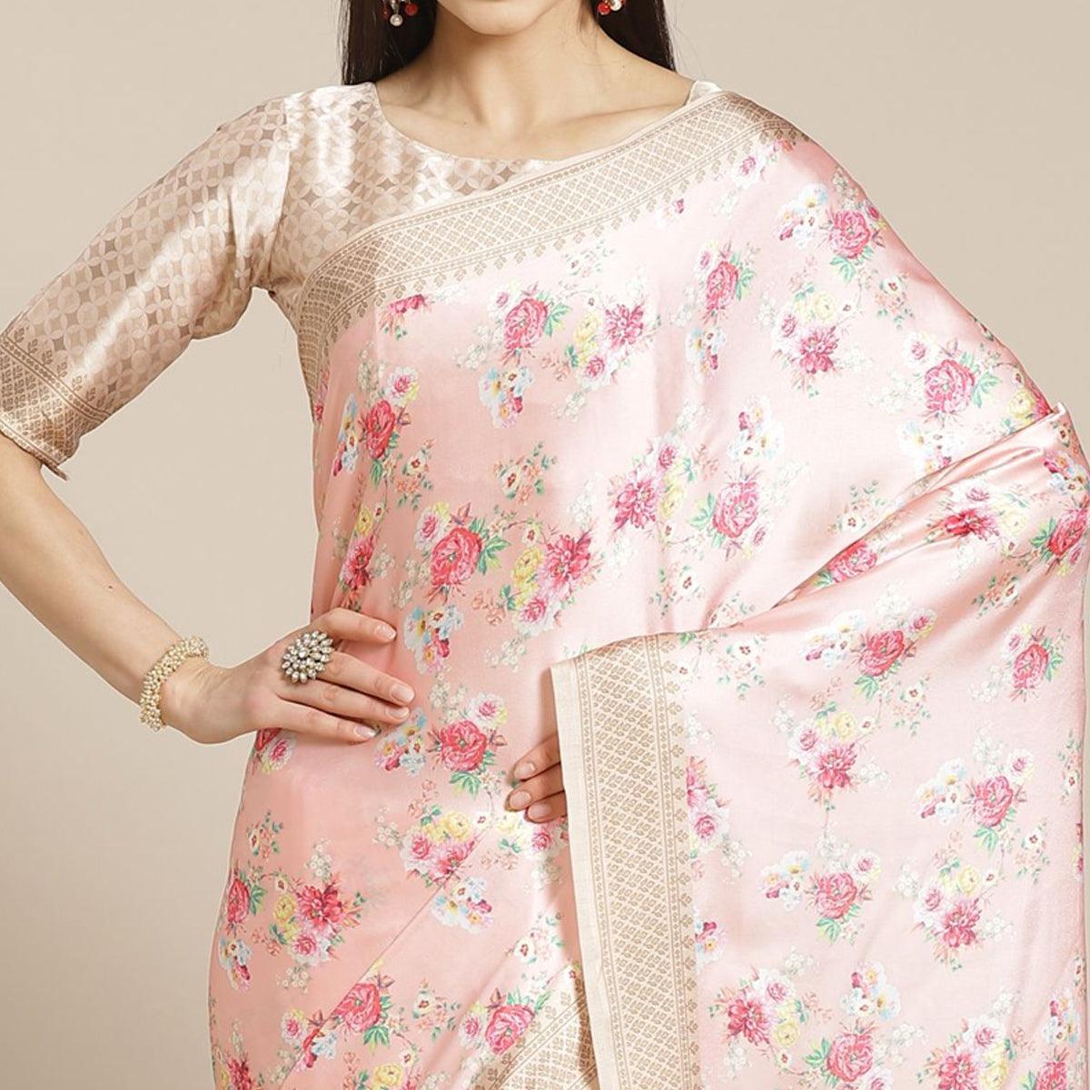 Beautiful Peach Colored Casual Wear Printed Satin Crepe Saree - Peachmode