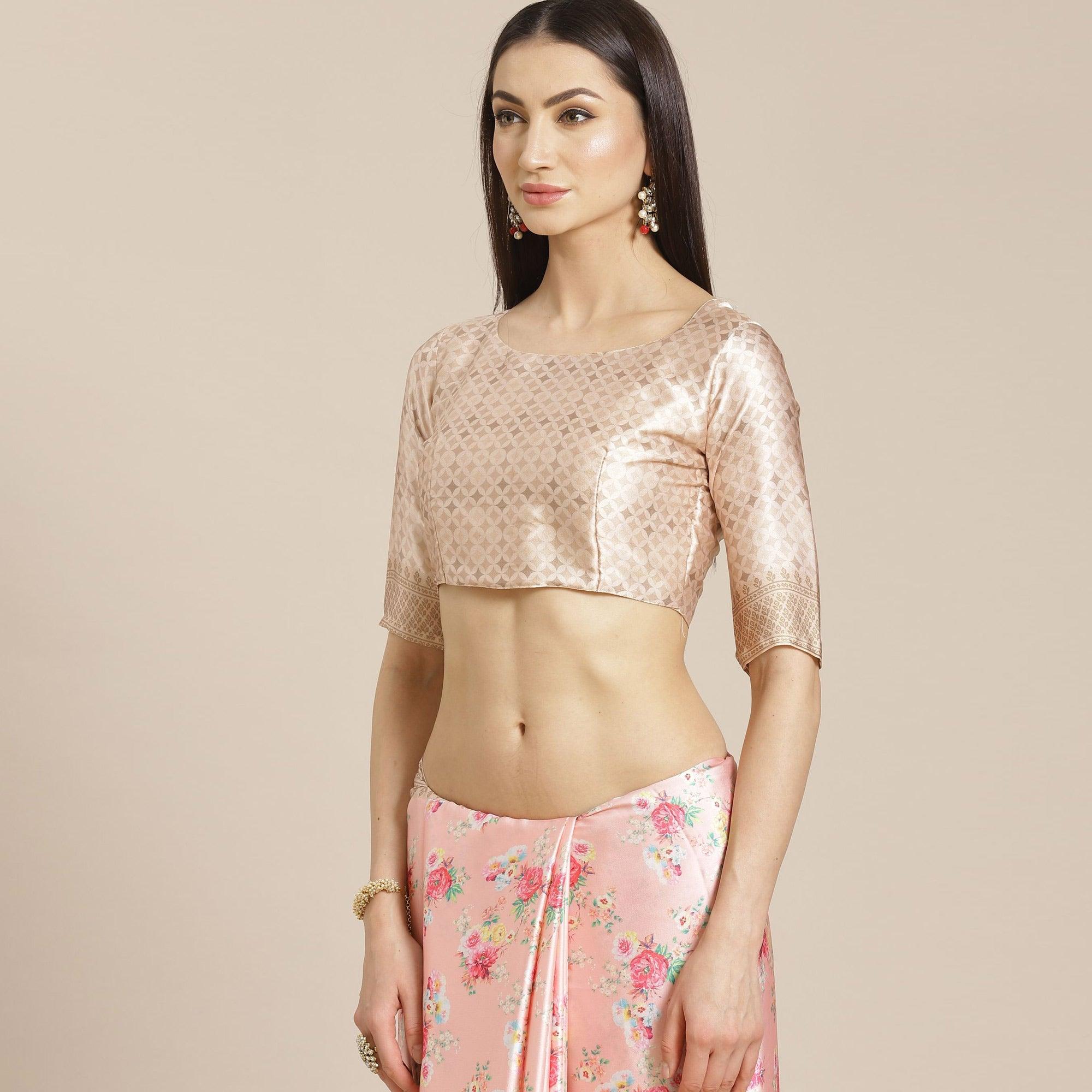 Beautiful Peach Colored Casual Wear Printed Satin Crepe Saree - Peachmode