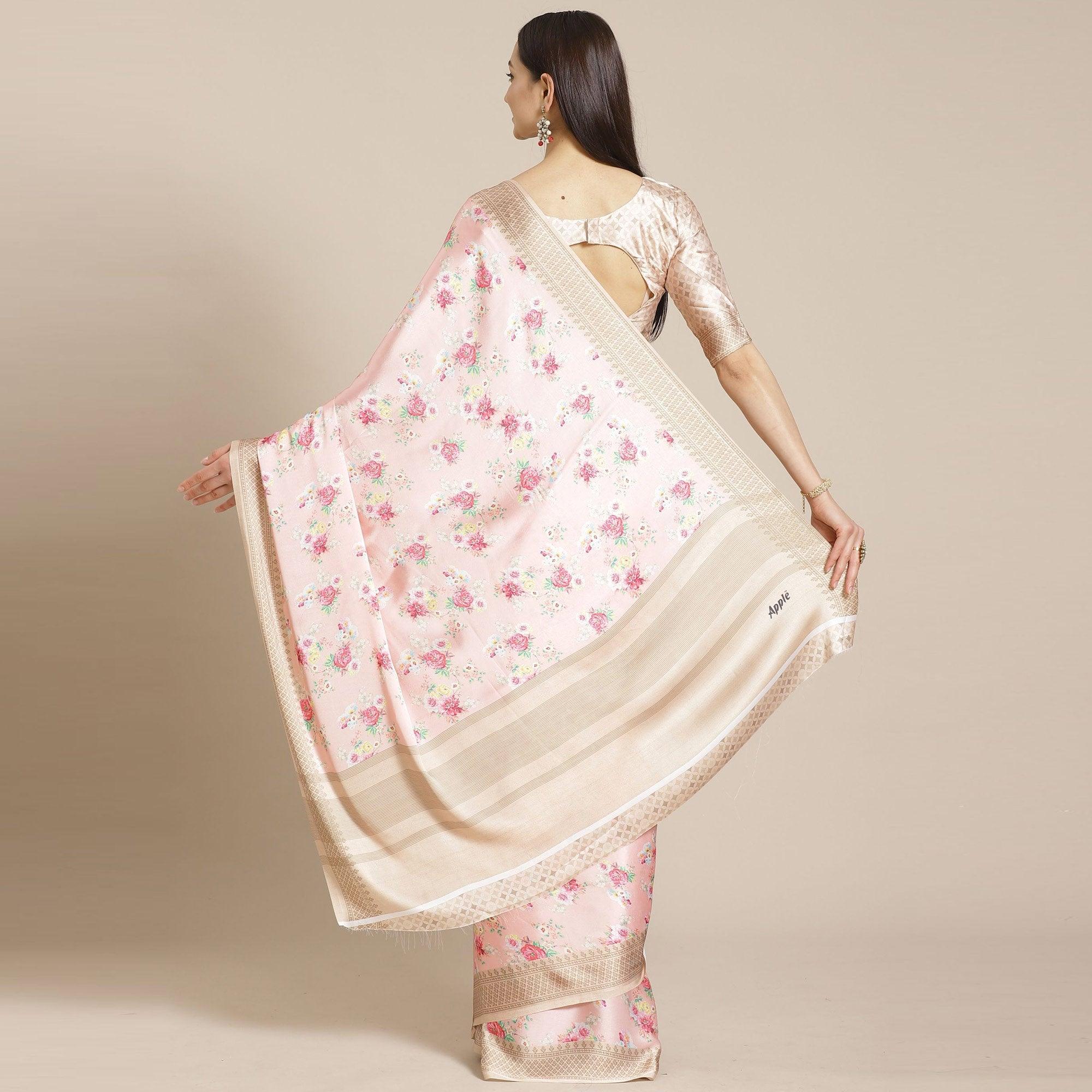 Beautiful Peach Colored Casual Wear Printed Satin Crepe Saree - Peachmode