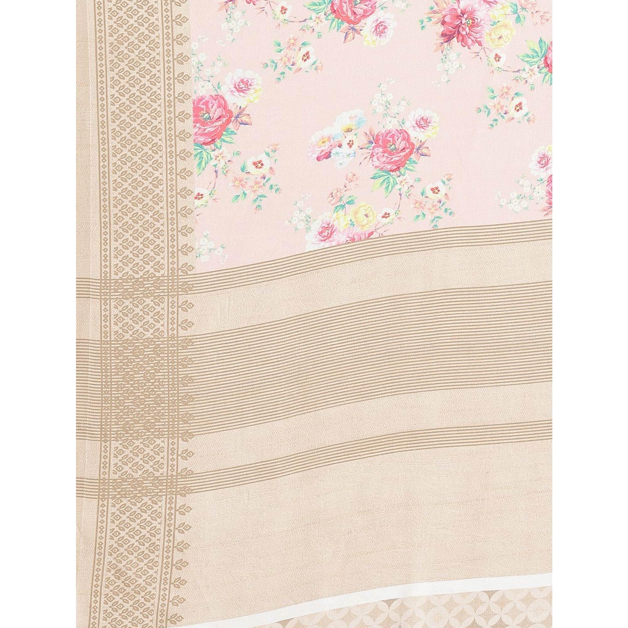 Beautiful Peach Colored Casual Wear Printed Satin Crepe Saree - Peachmode