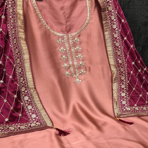 Beautiful Peach Colored Partywear Embroidered Satin Georgette Palazzo Suit - Peachmode