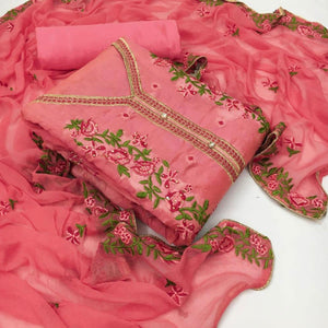 Beautiful Pink Colored Casual Wear Floral Embroidered Chanderi Dress Material - Peachmode