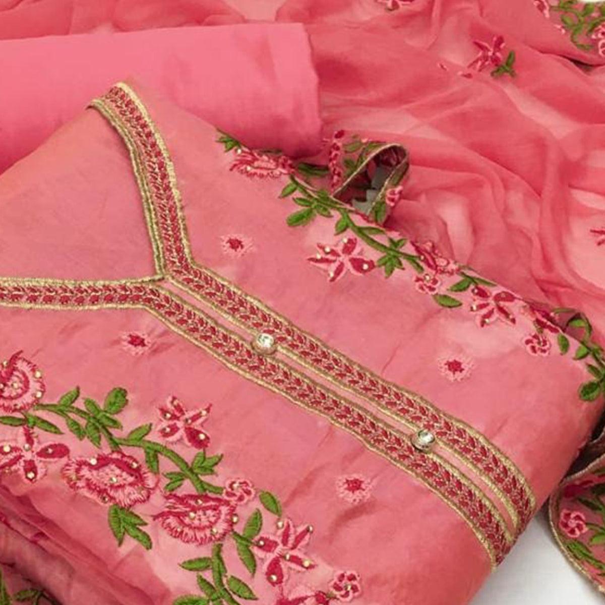Beautiful Pink Colored Casual Wear Floral Embroidered Chanderi Dress Material - Peachmode