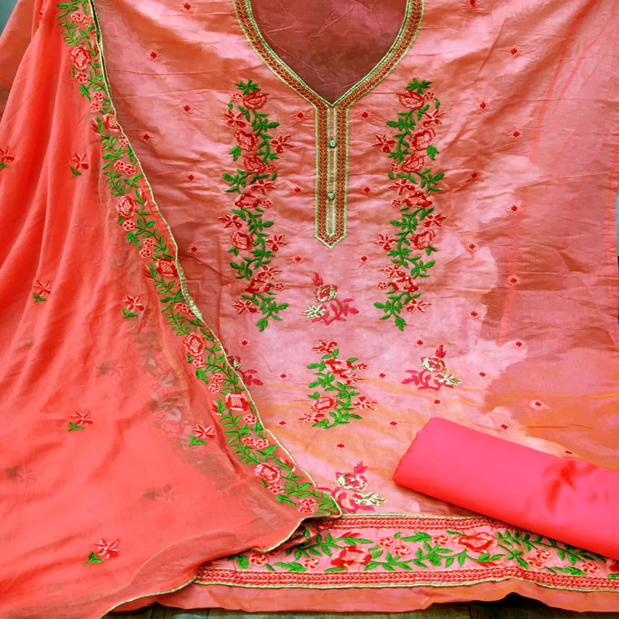 Beautiful Pink Colored Casual Wear Floral Embroidered Chanderi Dress Material - Peachmode