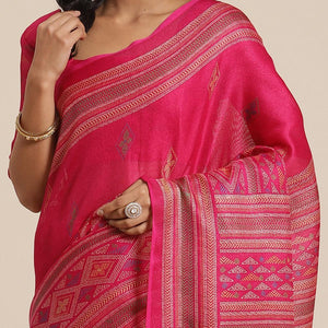 Beautiful Pink Colored Casual Wear Printed Jute Silk Saree - Peachmode