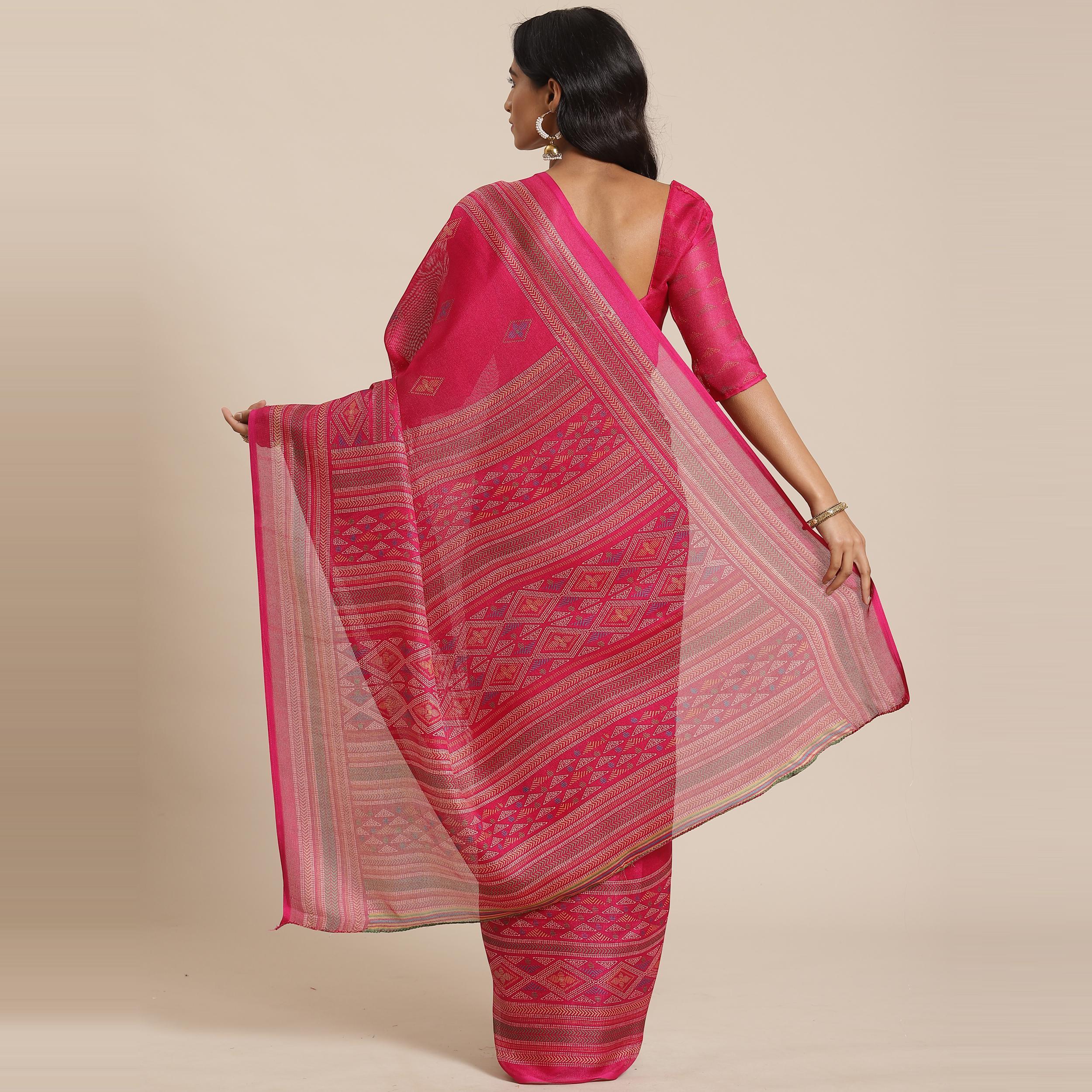 Beautiful Pink Colored Casual Wear Printed Jute Silk Saree - Peachmode
