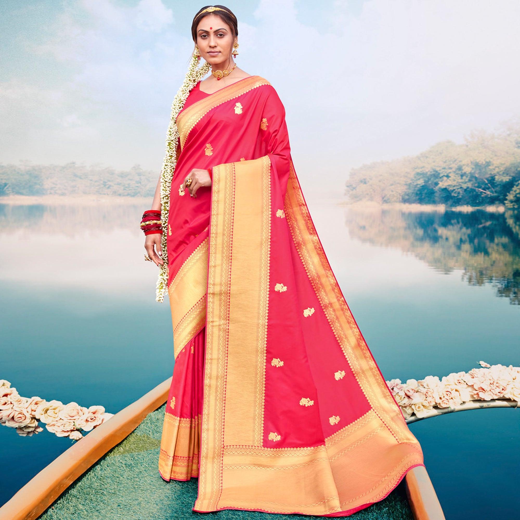Beautiful Pink Colored Festive Wear Woven Banarasi Silk Saree - Peachmode