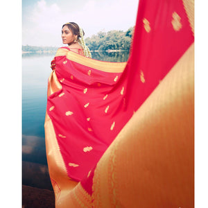 Beautiful Pink Colored Festive Wear Woven Banarasi Silk Saree - Peachmode