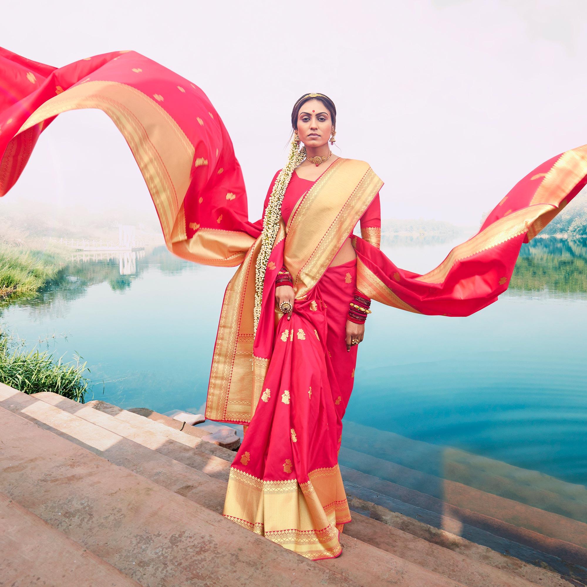 Beautiful Pink Colored Festive Wear Woven Banarasi Silk Saree - Peachmode