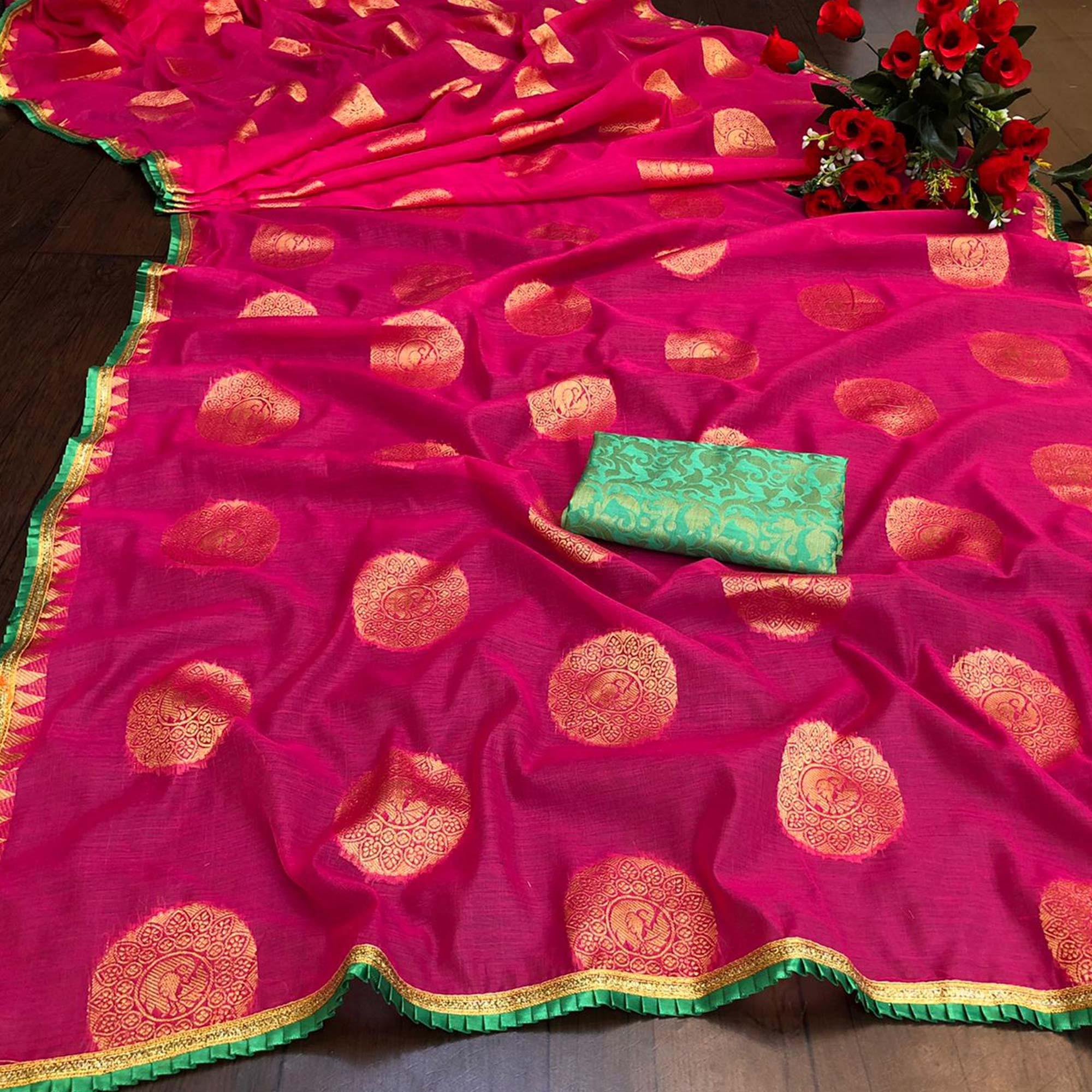 Beautiful Pink Colored Festive Wear Woven Cotton Saree - Peachmode