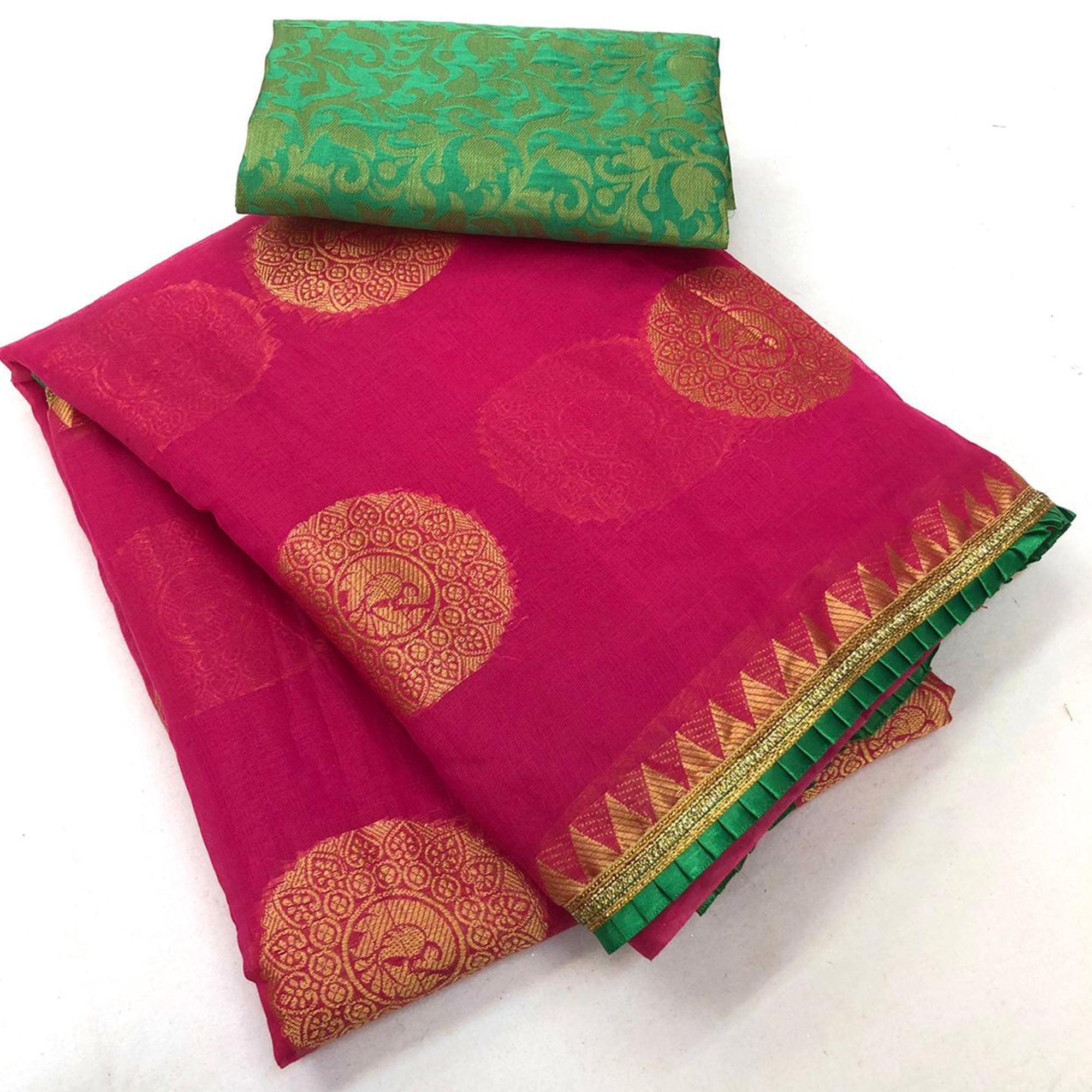 Beautiful Pink Colored Festive Wear Woven Cotton Saree - Peachmode