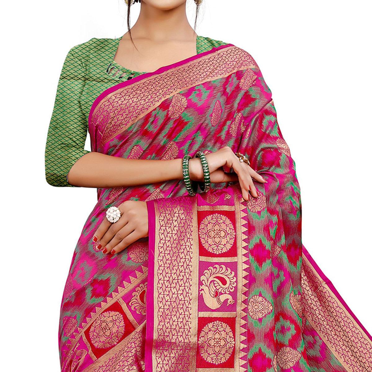 Beautiful Pink Colored Festive Wear Woven Cotton Silk Saree - Peachmode