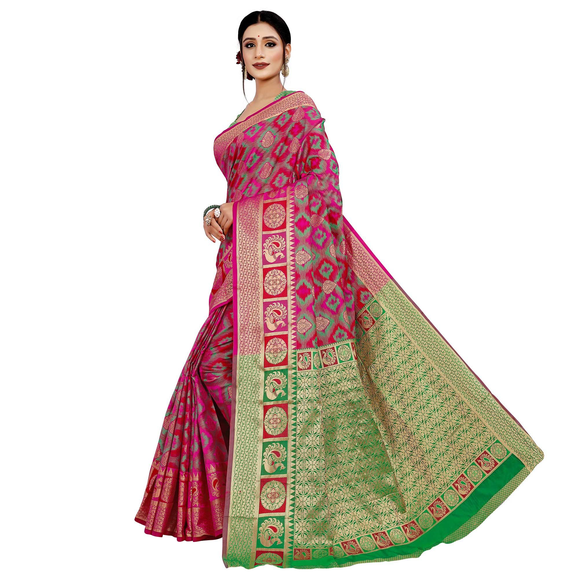 Beautiful Pink Colored Festive Wear Woven Cotton Silk Saree - Peachmode