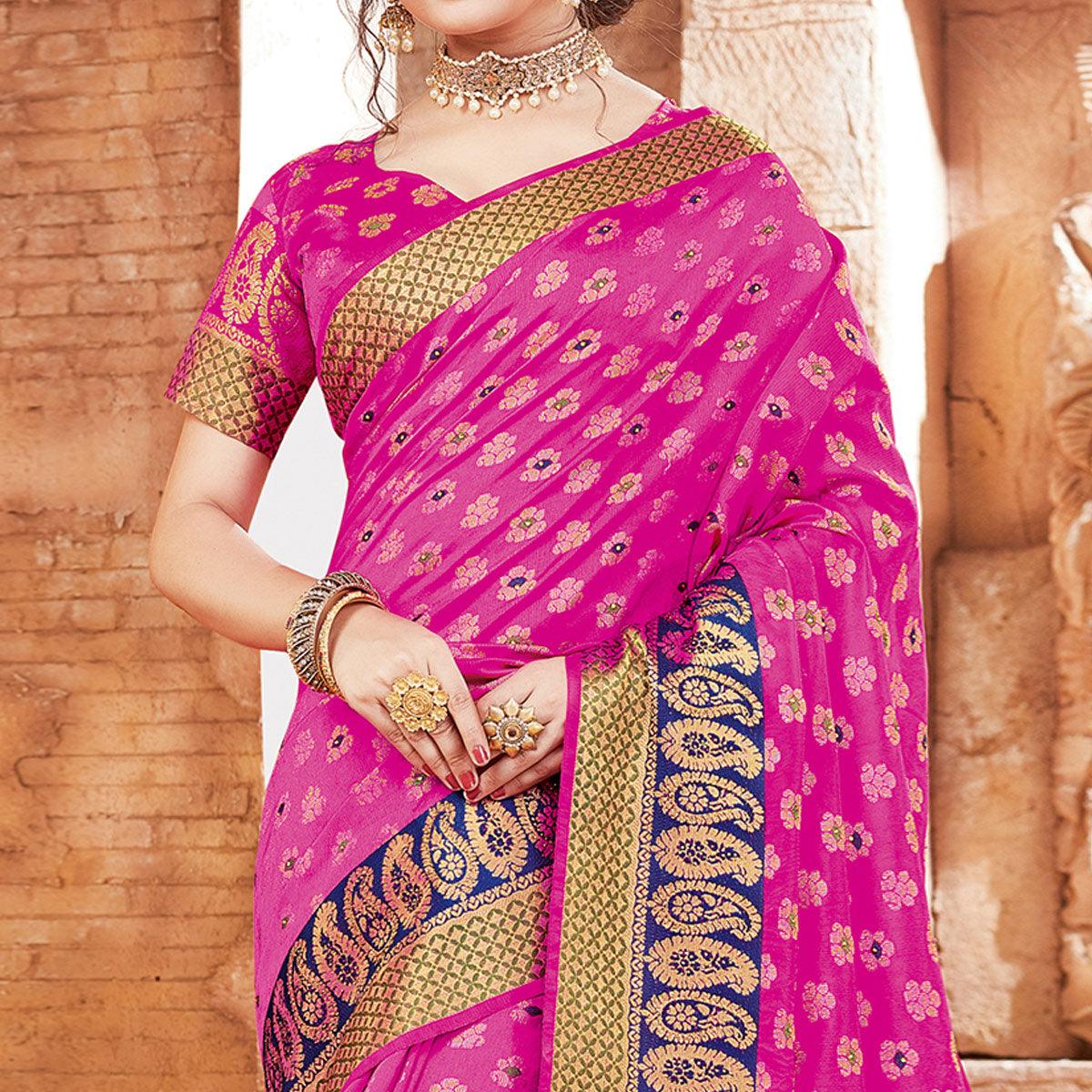 Beautiful Pink Colored Festive Wear Woven Handloom Silk Saree - Peachmode