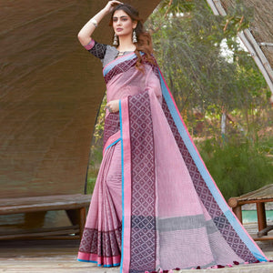 Beautiful Pink Colored Festive Wear Woven Linen Saree - Peachmode