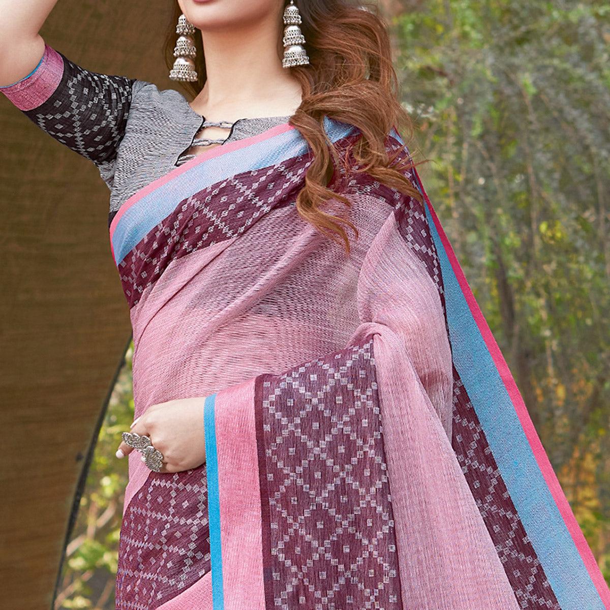 Beautiful Pink Colored Festive Wear Woven Linen Saree - Peachmode