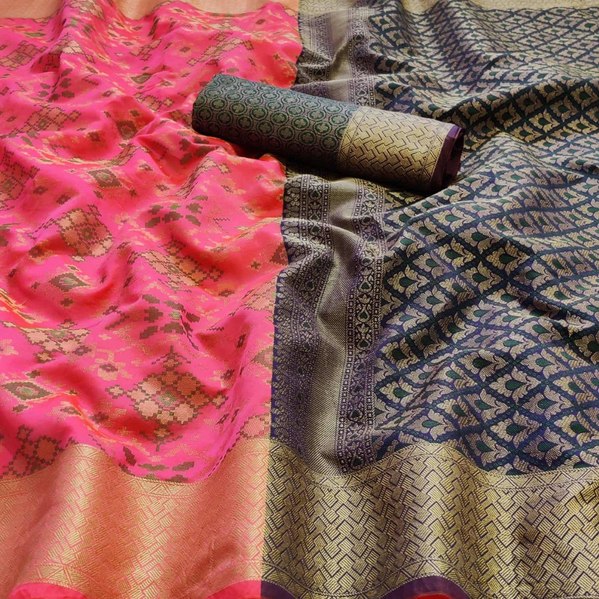Beautiful Pink Colored Festive Wear Woven Patola Silk Saree - Peachmode