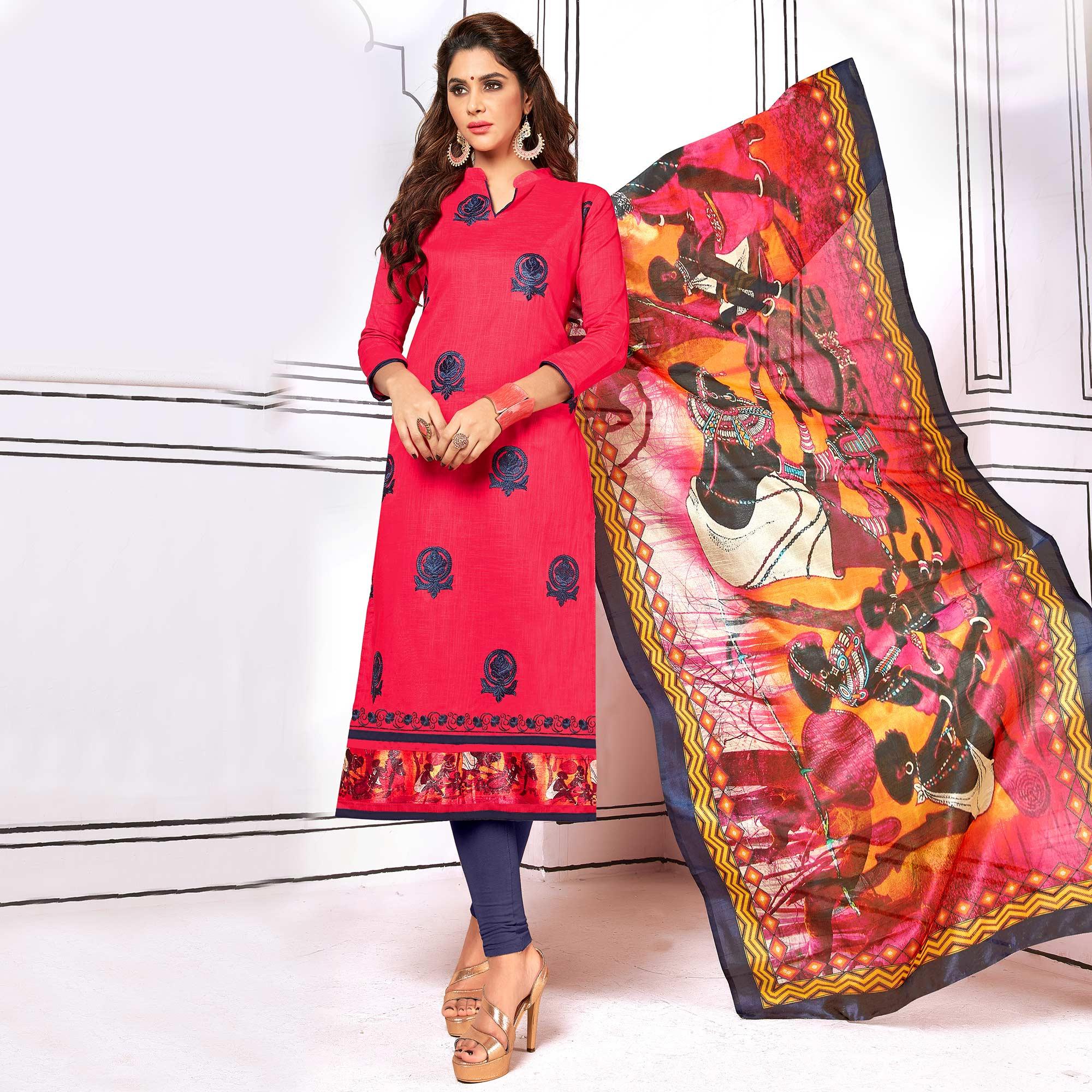 Beautiful Pink Colored Partywear Embroidered Cotton Suit - Peachmode