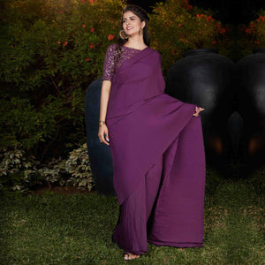 Beautiful Purple Colored Party Wear Plitting Work Silk Saree - Peachmode