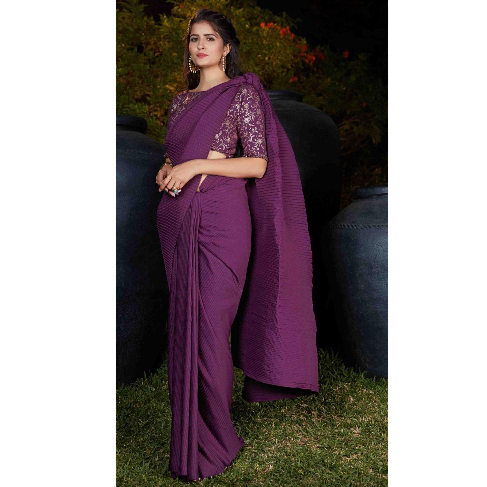 Beautiful Purple Colored Party Wear Plitting Work Silk Saree - Peachmode