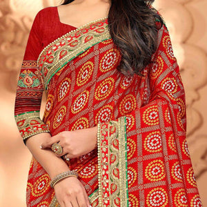 Beautiful Red & Brown Coloured Partywear Diamond Work Half & Half Art Silk Saree - Peachmode