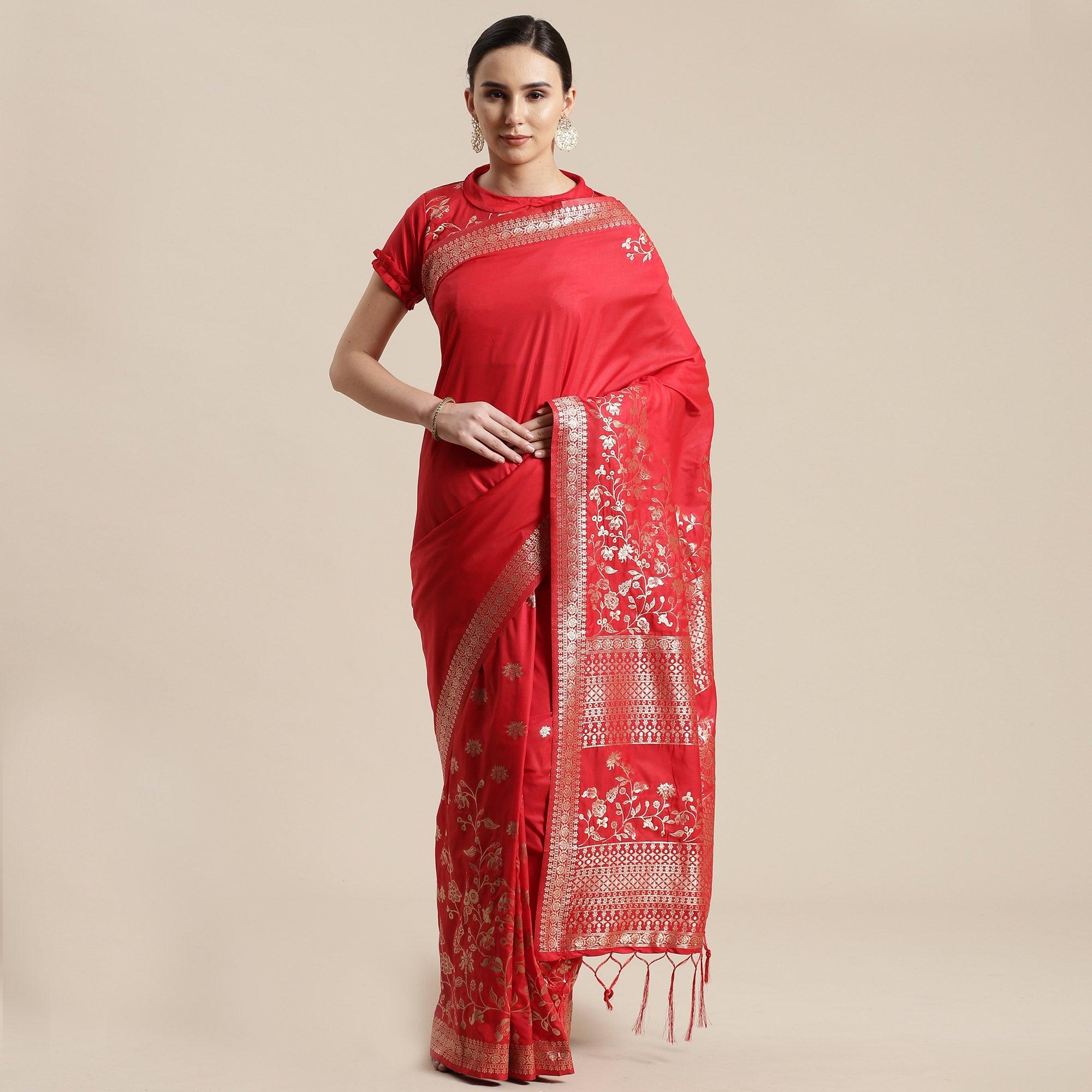 Beautiful Red Colored Festive Wear Silk Blend Woven Geometric Saree With Tassels - Peachmode